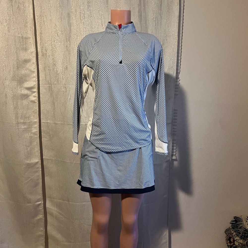 Peter Millar Blue Gingham Long Sleeve Golf Dress with White Panels and Navy Hem